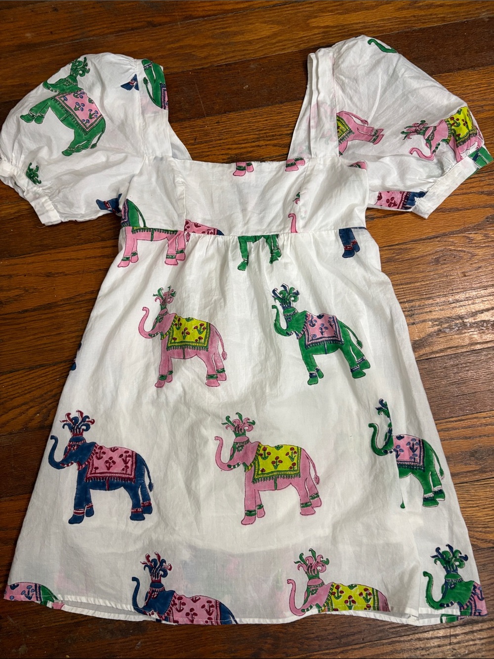 Mary Marshmallow Puff Sleeve Dress whimsical elephant print women’s size small